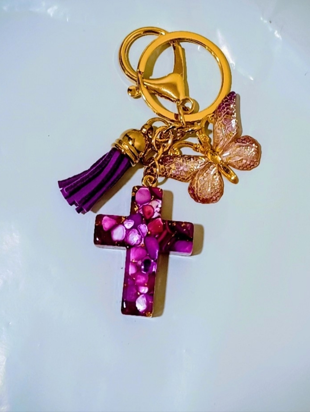 Gold Butterfly & Purple Cross Keychain with Tassel